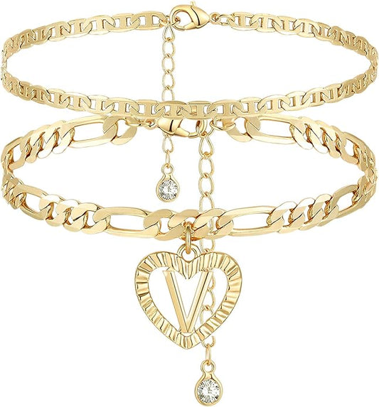 YANODA Initial Ankle Bracelets for Women 14K Gold Plated Layered Figaro Chain Letter Initial Anklets Handmade Layered Heart Ankle Bracelets Personalized Jewelry for Women