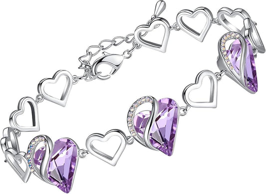 Leafael Infinity Love Heart Link Bracelets, Birthstone or Healing Stone Crystal Bracelet for Women, Silver Tone Jewelry Gifts for Her, 7-inch Chain and 2-inch Extender