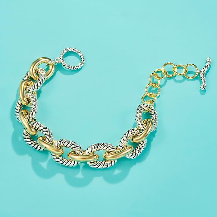 UNY JEWEL Twisted Cable Wire Link Chain Bracelet Two Tone Designer Brand Inspired Women Jewelry Valentine (2 Tone)