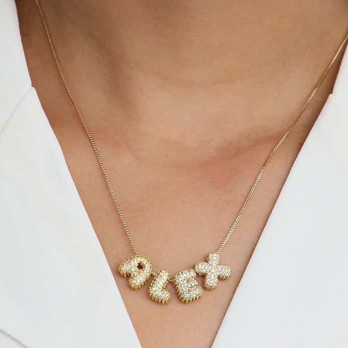 Custom Diamond Bubble 3D Letter Necklace Puffy Personalized Initial Charm with Zircon,18K Gold Plated Dainty Balloon Name Necklace for Women, Handmade Jewelry Gift for Her,Mother's Day
