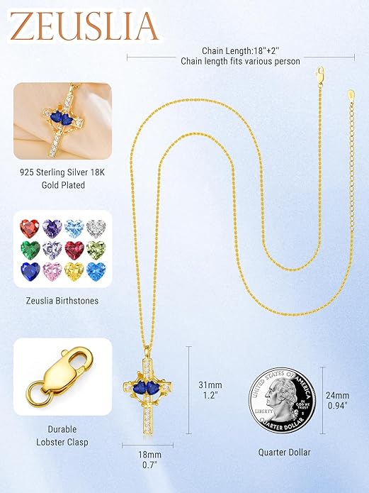 Zeuslia Double Birthstone Necklace Gifts for Wife - 925 Sterling Silver Sunflower/Rose/Crown Cross/Compass/Heart Pendant I Love You Necklace, Anniversary Birthday Gifts for Wife Girlfriend Mom Her
