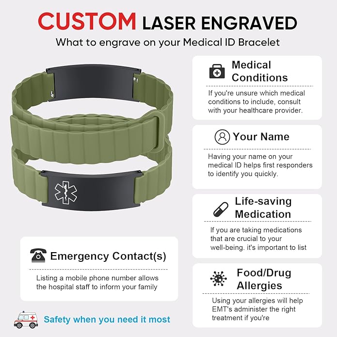 Comfortable Medical ID Bracelet for Men & Women - Custom Engraved Silicone Strap Comfort Fit Medical Alert Bracelets for Sports,Adjustable Waterproof Customizable Wristband for Diabetic