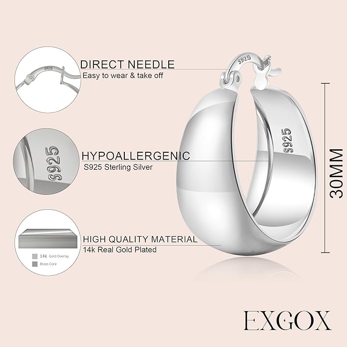 EXGOX Gold Hoop Earrings for Women Sterling Silver Post Hoops Earrings for Women Wide Thick Silver Hoop Earrings Hypoallergenic Lightweight 14k Real Gold Plated Hoop Large Earrings (25/30/40/50MM)