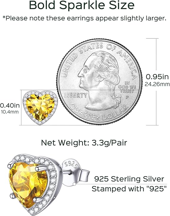 ChicSilver 925 Sterling Silver Birthstone Earrings for Women, 8MM/2 Carat Heart & Round Cubic Zirconia Stud Earrings, Hypoallergenic Jewelry, Ideal Birthday or Christmas Gifts