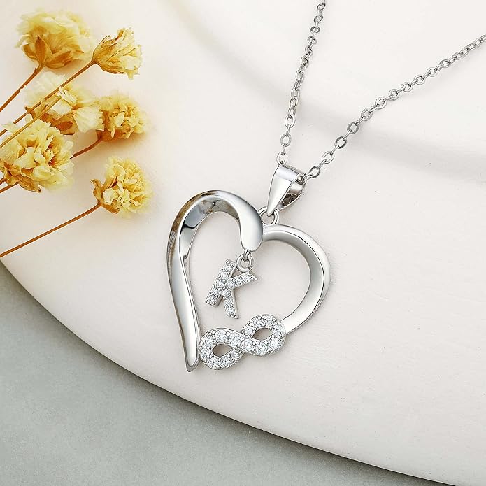 Valentine's Day Gifts for Women - Heart Initial Sterling Silver Necklace with Cubic Zirconia Heart Pendant, Elegant Jewelry Gift for Mom Wife Girlfriend, Perfect Birthday Present in Gift Box