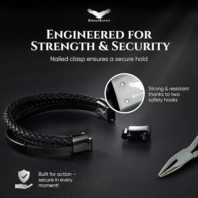 RogueRaven Black Leather Bracelet for Men – Premium Collection – Brown Black Gold Silver | Genuine Leather Mens Bracelet with Stainless Steel Clasp [Adjustable] | In Luxury Gift Box