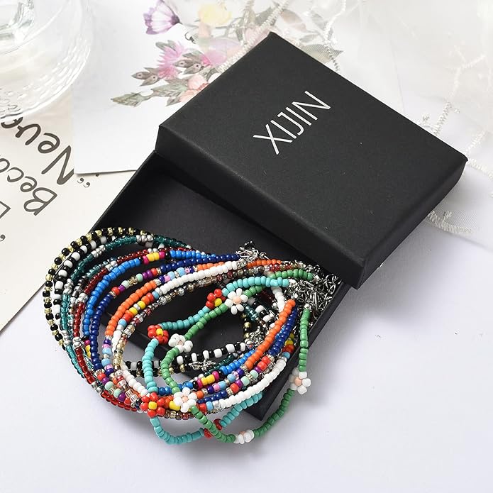 XIJIN 8Pcs Handmade Beaded Anklets for Women Boho Colorful Beads Ankle Bracelets Adjustable Foot Anklet Set