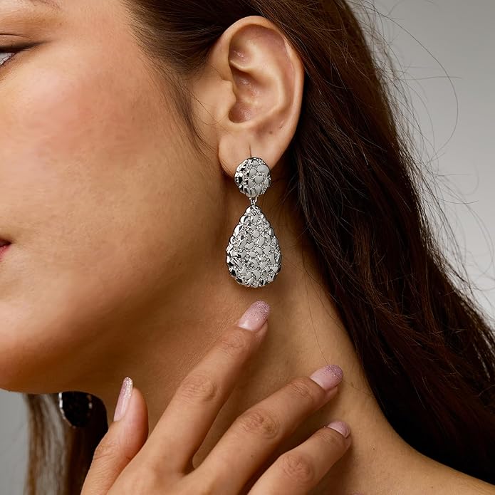 Hefanny Large Hammered Teardrop Dangle Earrings Geometric Chunky Flower Earrings Women's Trendy Statement Jewelry Multiple Styles