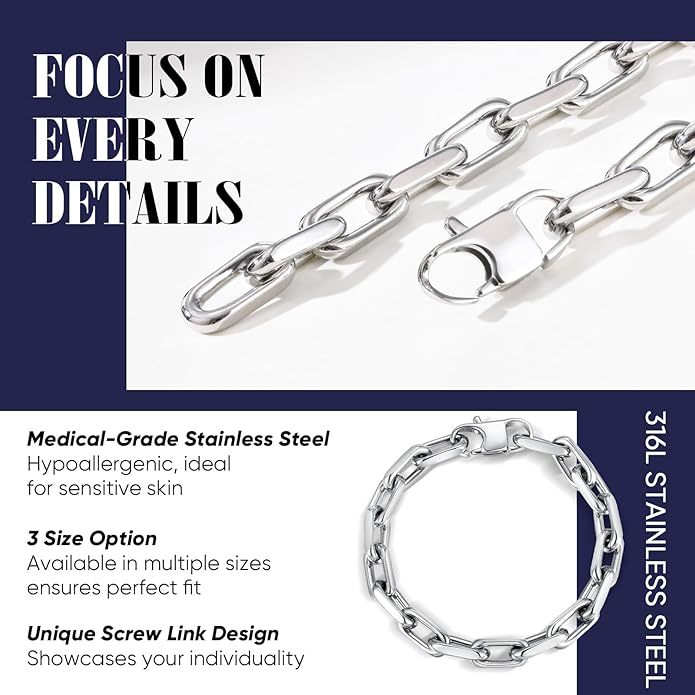 VNOX Link Chain Bracelets for Men - Cool Mens Bracelets Diamond-Cut Paperclip Solid Chain Bracelet Chunky Stainless Steel Jewelry Trendy Gifts