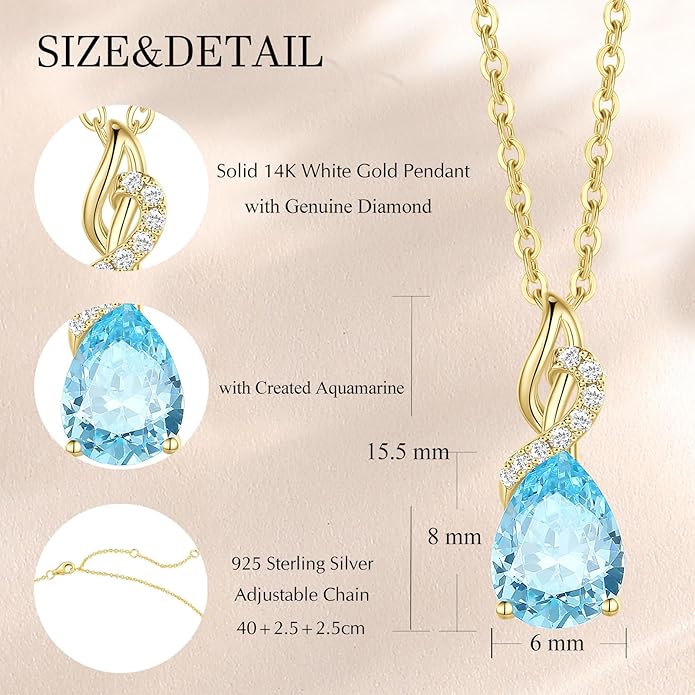 FANCIME 14K Solid Yellow Gold Teardrop Pendant with Diamond Birthstone Necklace Birthday Gifts for Mom Women, Sterling Silver Chain 16" + 2" Extender