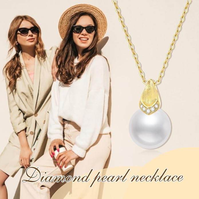 14k Gold Diamond Pearl Necklace for Women, 14kt Gold Jewelry Present for Wife, Birthday Gifts for Her, 16-18 Inch