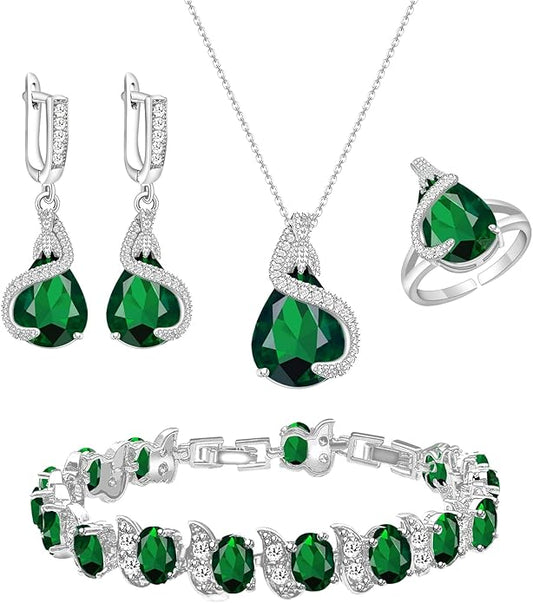 GZWHD Jewelry Set for Women Water Drop Cubic Zirconia Artificial Crystal Earrings Pendant Necklace Open Ring Tennis Bracelet Wedding Anniversary Birthday Engagement Gift for Bridesmaid Wife Girlfriend Friend