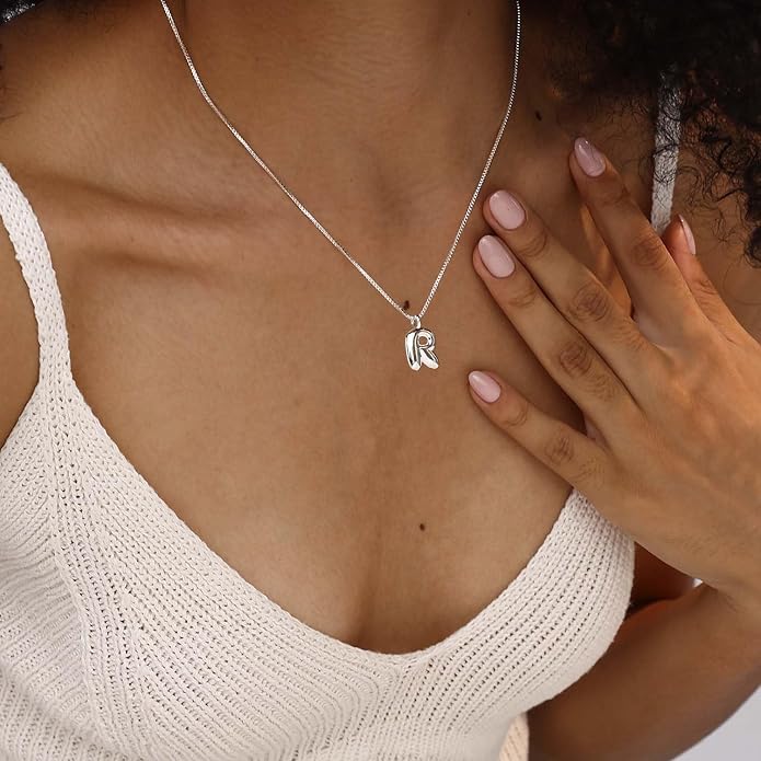 Bubble Gold Silver Letter Necklace Initial Necklaces for Women Trendy 14K Dainty Charm Pendant Name Necklace Personalized Jewelry Gift for Women Teen