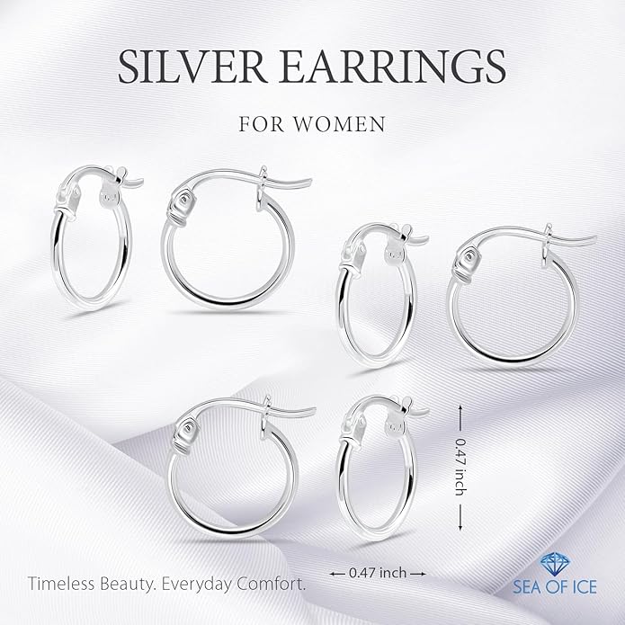 SEA OF ICE 925 Sterling Silver Hoop Earrings for Women - Hypoallergenic Earrings for Women in Sterling Silver, Yellow Gold, Rose Gold or Black Rhodium | Sizes 12MM, 15MM, 20MM or Multipack