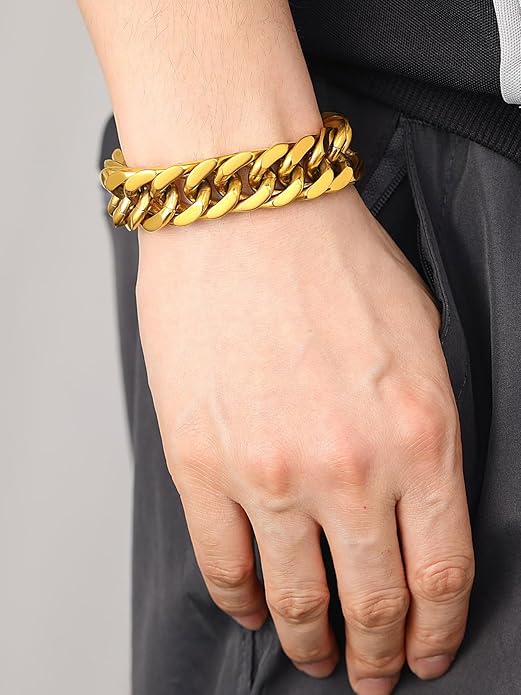 ChainsHouse Stainless Steel Cuban Link Bracelet, 8mm/12mm/17mm Width, 7.5"/8.3"/9", 18K Gold Plated Chain Wrist Bracelets for Men Women, Send Gift Box