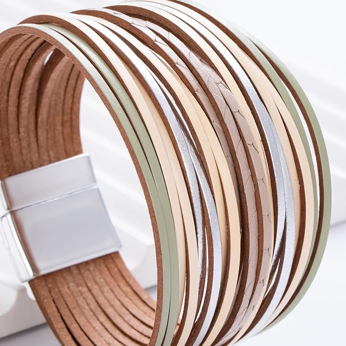 FANCY SHINY Boho Leather Wrap Bracelet Stackable Layered Bangle Cuff with Magnetic Clasp