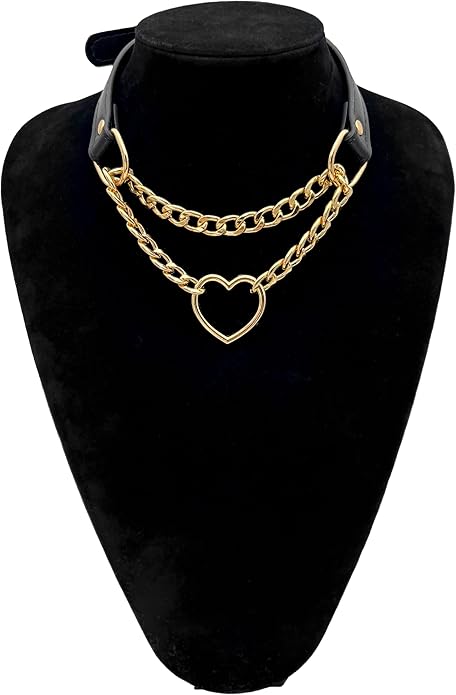 Black Leather Choker Collar For Women, Handmade Heart Slip Chain Choker Long Necklace with Adjustable Buckle