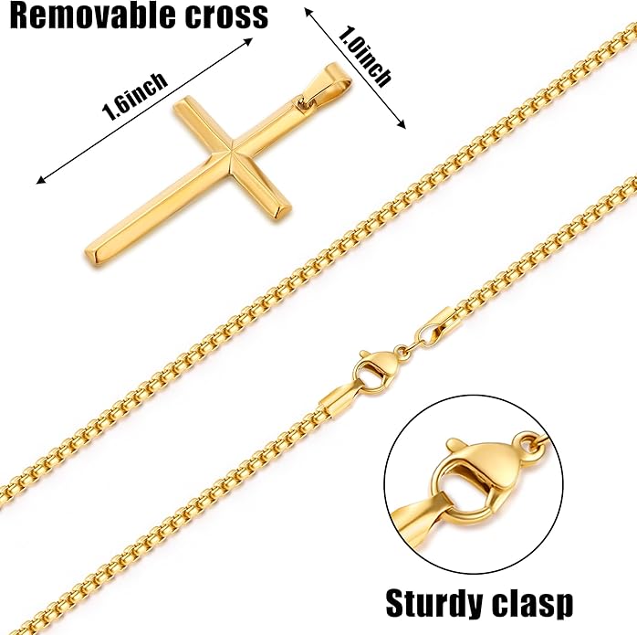 Fiusem Beveled Edge Cross Necklace for Men, Silver Tone/Black/14K Gold Plated Mens Cross Necklace, 2.5MM Stainless Steel Box Chain with Pendant