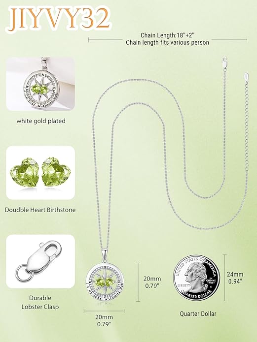 Compass Birthstones Necklace for Women, Exquisite Anniversary Birthday Gifts for Wife Her Double Birthstone Pendant jewelry ‘I'd be Lost Without You’
