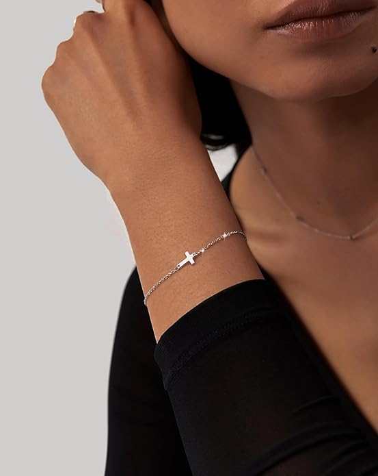 Moodear Christmas Gifts Sotcking Stuffers, Dainty 925 Sterling Silver/14k Gold Plated CZ Cross Bracelet Layered Snake Pearl Chain Knot Bracelets for Women Trendy Religious Christian Jewelry