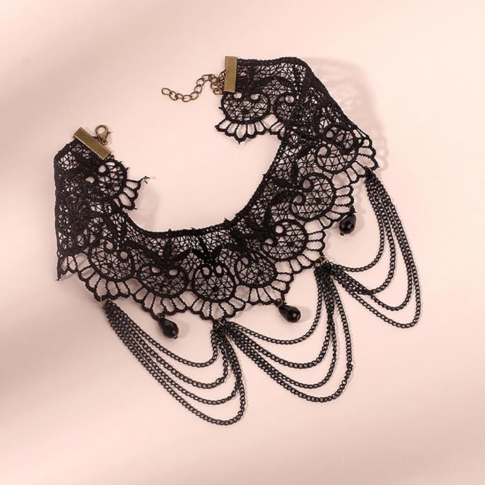 Gothic Lace Choker Necklace for Women,Vintage Black Crystal Hollowed Out Choker Statement Punk Style Layered Tassels Necklace Halloween Dark Witch Costume