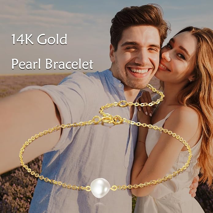 KECHO 14K Real Gold Freshwater Cultured Pearl Bracelet 14K Solid Gold Jewelry Anniversary Birthday Gift for Women