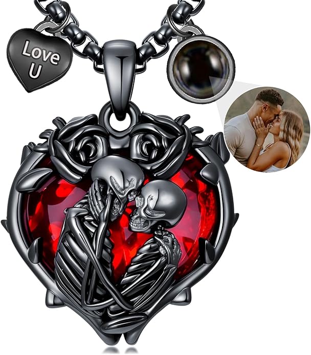 Flpruy 925 Sterling Silver Black Gothic Jewelry Gifts Skeleton Couple Pendant Crystal Birthstone Heart Necklace Punk Romantic Jewelry for Lover Men Women