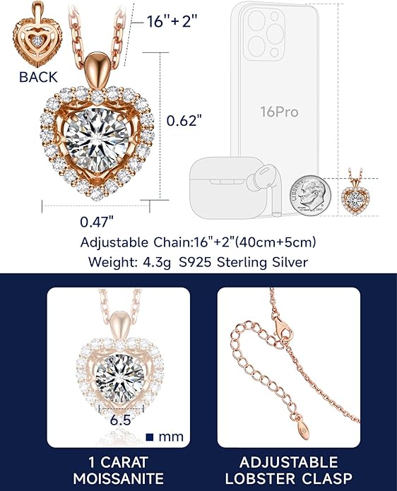 MomentWish Dancing Heart Necklace for Women, 0.5/1 Carat Dancing Moissanite Necklace for Her 925 Sterling Silver Pendant Anniversary Birthday Christmas Gift for Wife Mom Girlfriend