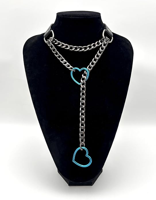 Black Leather Choker Collar For Women, Handmade Heart Slip Chain Choker Long Necklace with Adjustable Buckle