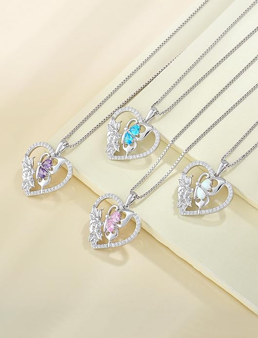 YL Women's Butterfly Necklace 925 Sterling Silver Flower Rose Pendant Birthstone Halo Jewelry