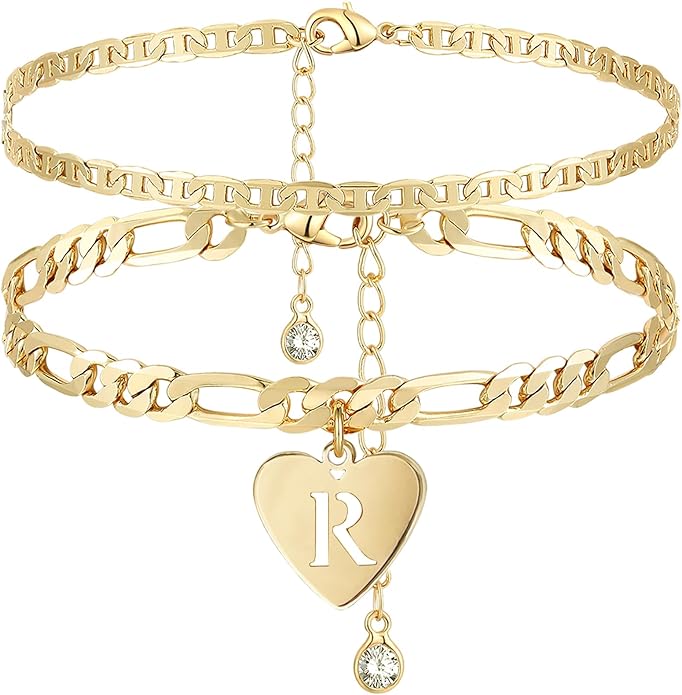 YANODA Initial Ankle Bracelets for Women, Layered Gold Anklets for Women 14k Real Gold Filled Figaro Letter Anklets for women waterproof Summer Jewelry Personalized Gifts for Women