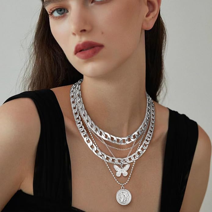 MJartoria Layered Necklaces for Women Trendy Retro Coin Pendant Necklace Dainty Chunky Chain Choker Necklaces for Jewelry Birthday Gifts