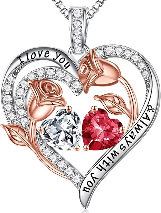 Iefil Birthstone Necklace for Women - 925 Sterling Silver Rose Heart Birthstone Necklace Birthday Anniversary Jewelry Gifts for Her Wife Mom Daughter