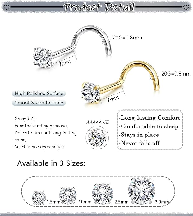 Nose Rings Studs: 8Pcs 20G Gold/Silver 316L Surgical Stainless Steel Nose Studs Hypoallergenic Corkscrew Nose Piercing Stud Jewelry for Women Men Clear Cubic Zirconia Imitation Diamond Top Size 1.5mm 2mm 2.5mm 3mm