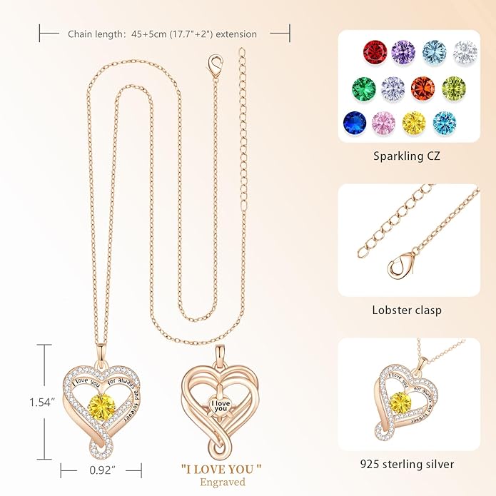 Birthstone Heart Necklaces for Women, Infinity Pendent S925 Sterling Silver Jewelry for Women, Wedding Anniversary, Birthday Mother’s Day Gifts for Mom, Mother, Wife, Girlfriend