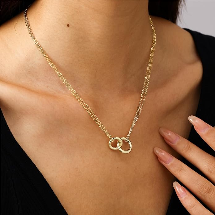 Gold Necklace for Women, Dainty 14K Gold Plated Pendant Necklaces for Women Trendy Simple Choker Chain Cubic Zirconia Circle/Interlocking/Sun Necklace Fashion Jewelry Birthday Christmas Gift