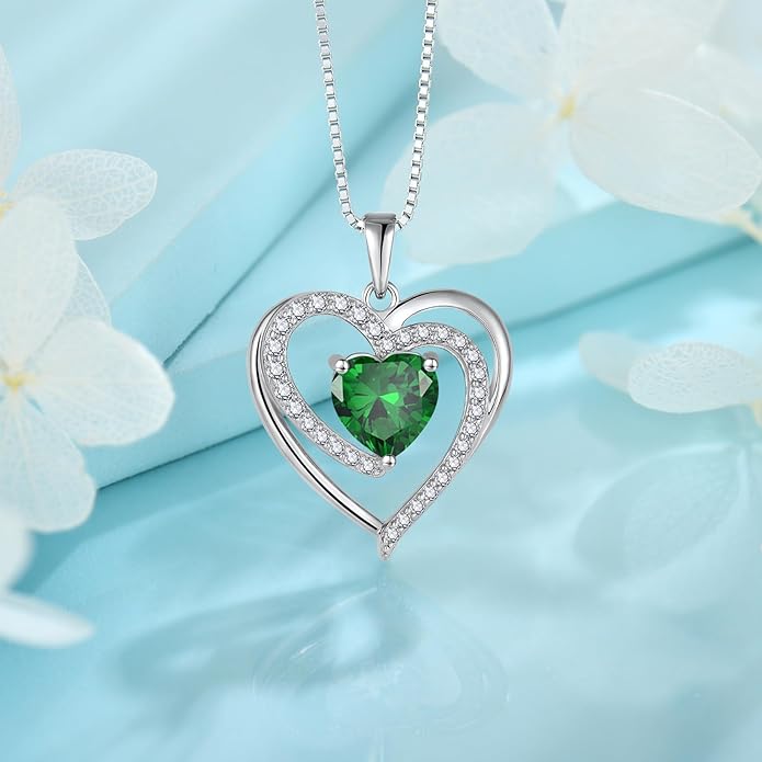 FJ Love Heart Necklace for Women 925 Sterling Silver Birthstone Pendant Anniversary Birthday Jewelry
