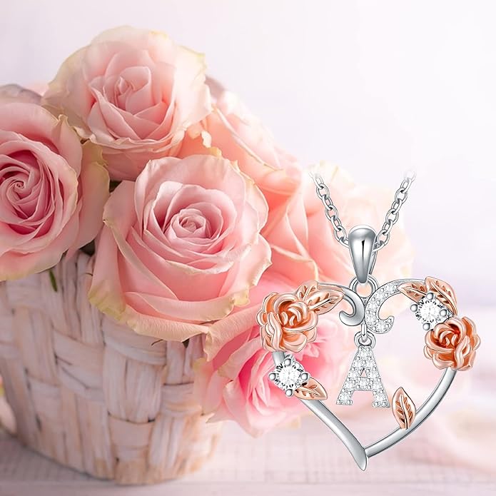 AOBOCO Rose Heart Necklaces Valentines Gifts for Women, 925 Sterling Silver Rose Love Heart Initial Letter Pendant Necklace Jewelry Mothers Day Christmas Birthday Gifts for Her Mom Wife Girlfriend