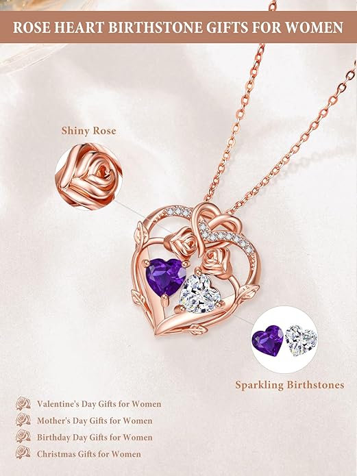 Rose Gold Necklaces for Women Double Birthstone Rose Flower Heart Pendant Necklace Jewelry Anniversary Christmas Valentine's Mother's Day Birthday Gift for Wife Mom Her Girlfriend Sister