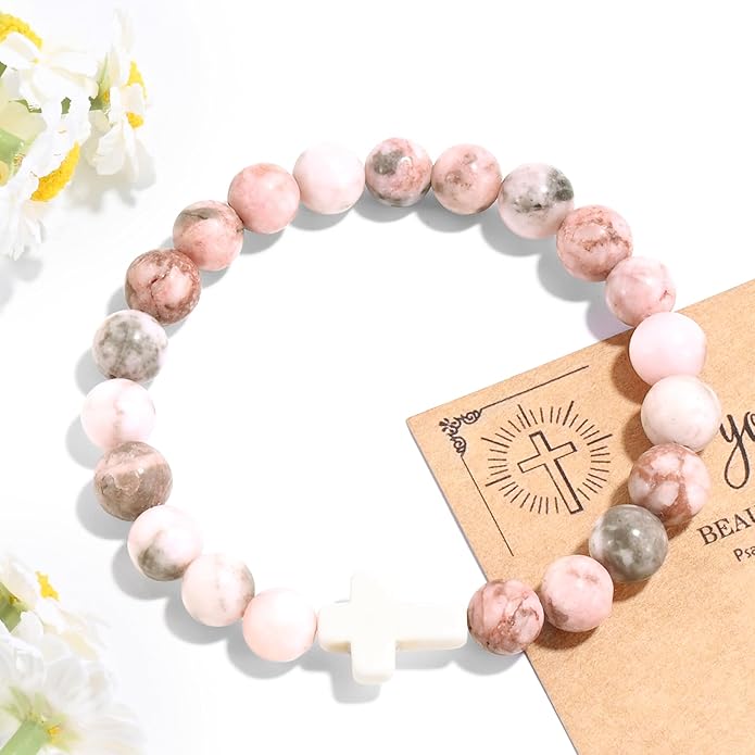 VIBILIA Cross Beaded Bracelets for Women, Inspirational Natural Heart Religious Bracelets for Women, Birthday Christian Gifts for Women on Thanksgiving Christmas Gifts
