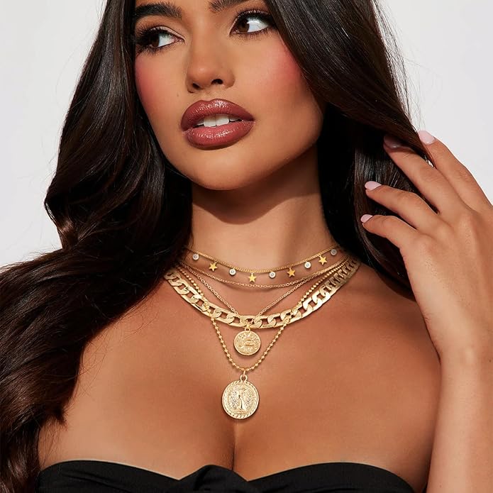 MJartoria Layered Necklaces for Women Trendy Retro Coin Pendant Necklace Dainty Chunky Chain Choker Necklaces for Jewelry Birthday Gifts