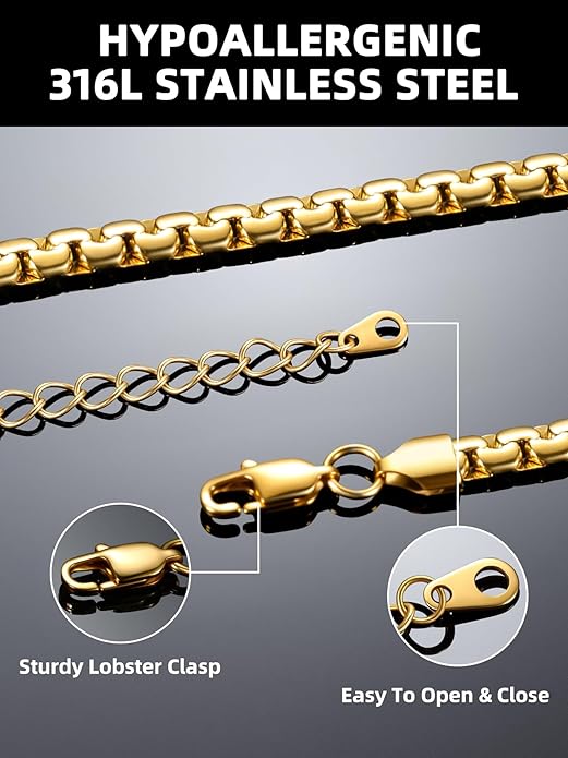 Bestyle 18K Gold Plated/Silver/Black Chain for Men, Hypoallergenic 2/4/6/8mm Stainless Steel Flat Link Chain Necklace for Men & Women Hip Hop Jewelry, 14-30"