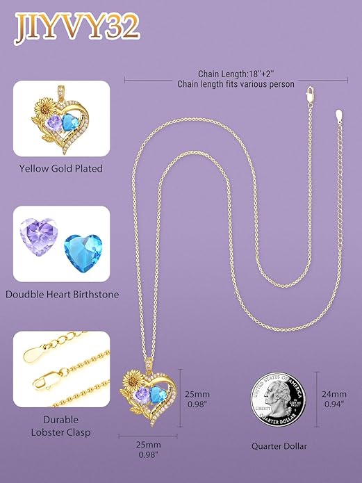 Sunflower Heart Necklace for Women 14K Gold Exquisite Anniversary Birthday Gifts for Wife Mother Her Double Birthstone Pendant jewelry‘You Are My Sunshine’