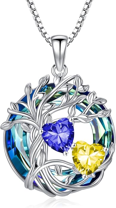 TOUPOP s925 Sterling Silver Family Celtic Tree of Life Pendant Necklaces with 2 Heart Birthstone with Blue Austrian Crystal Jewelry Birthday Anniversary Christmas Gifts for Her Wife Girlfriend Mom (18K Real White Gold Filled)