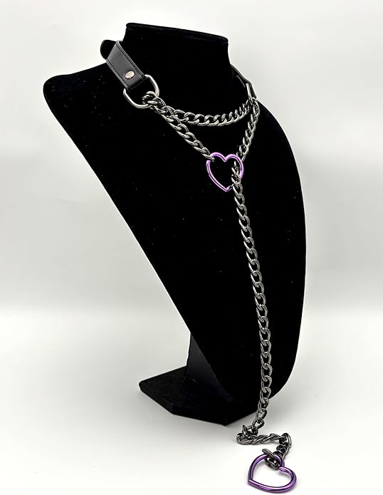 Black Leather Choker Collar For Women, Handmade Heart Slip Chain Choker Long Necklace with Adjustable Buckle