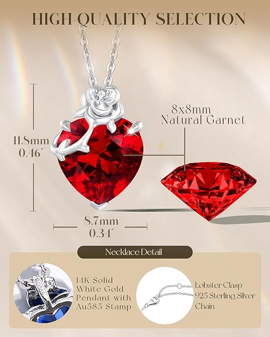 FANCIME 14K Solid White Gold Rose Pendant with Sterling Silver Chain Heart Birthstone Gemstone Fine Jewelry Christmas Gifts for Women Her