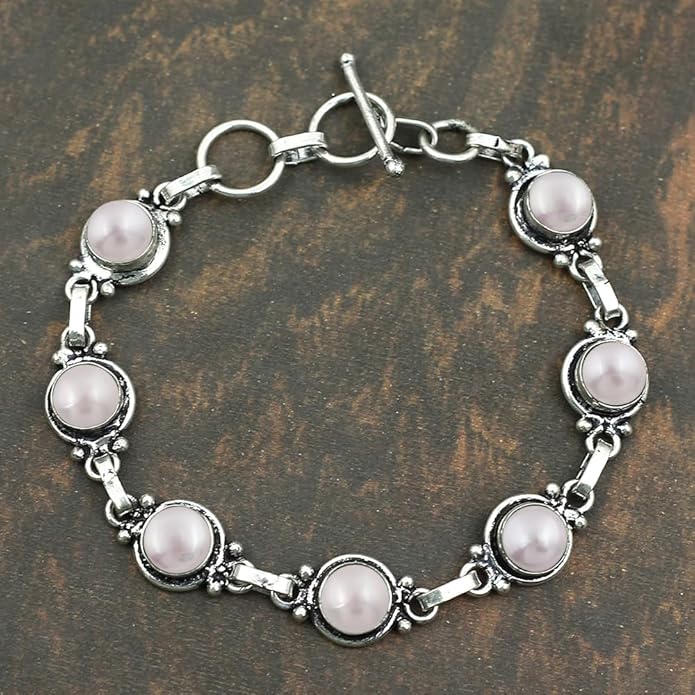 Round Shape Natural & Synthetic Gemstones Silver Plated Bracelets for Women - Vintage Bohemian Style Handmade Birthstone Adjustable Link Bracelet Jewelry Gifts for Wedding Anniversary Mother's Day