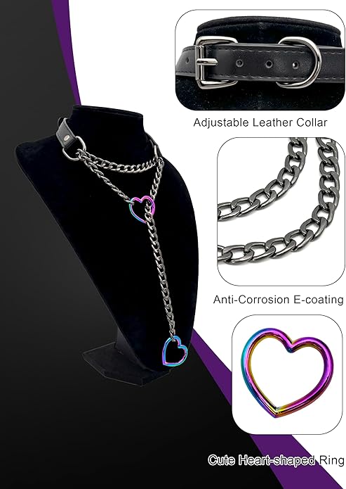 Black Leather Choker Collar For Women, Handmade Heart Slip Chain Choker Long Necklace with Adjustable Buckle