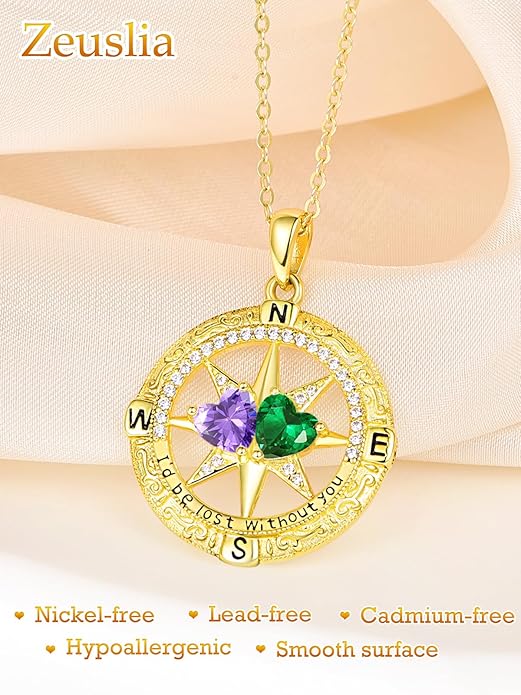 Zeuslia Double Birthstone Necklace Gifts for Wife - 925 Sterling Silver Sunflower/Rose/Crown Cross/Compass/Heart Pendant I Love You Necklace, Anniversary Birthday Gifts for Wife Girlfriend Mom Her