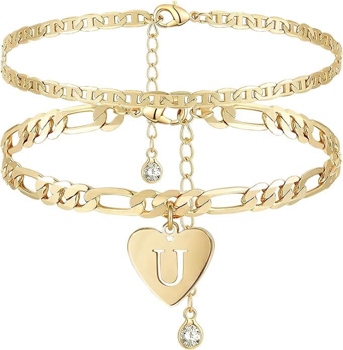 YANODA Initial Ankle Bracelets for Women, Layered Gold Anklets for Women 14k Real Gold Filled Figaro Letter Anklets for women waterproof Summer Jewelry Personalized Gifts for Women